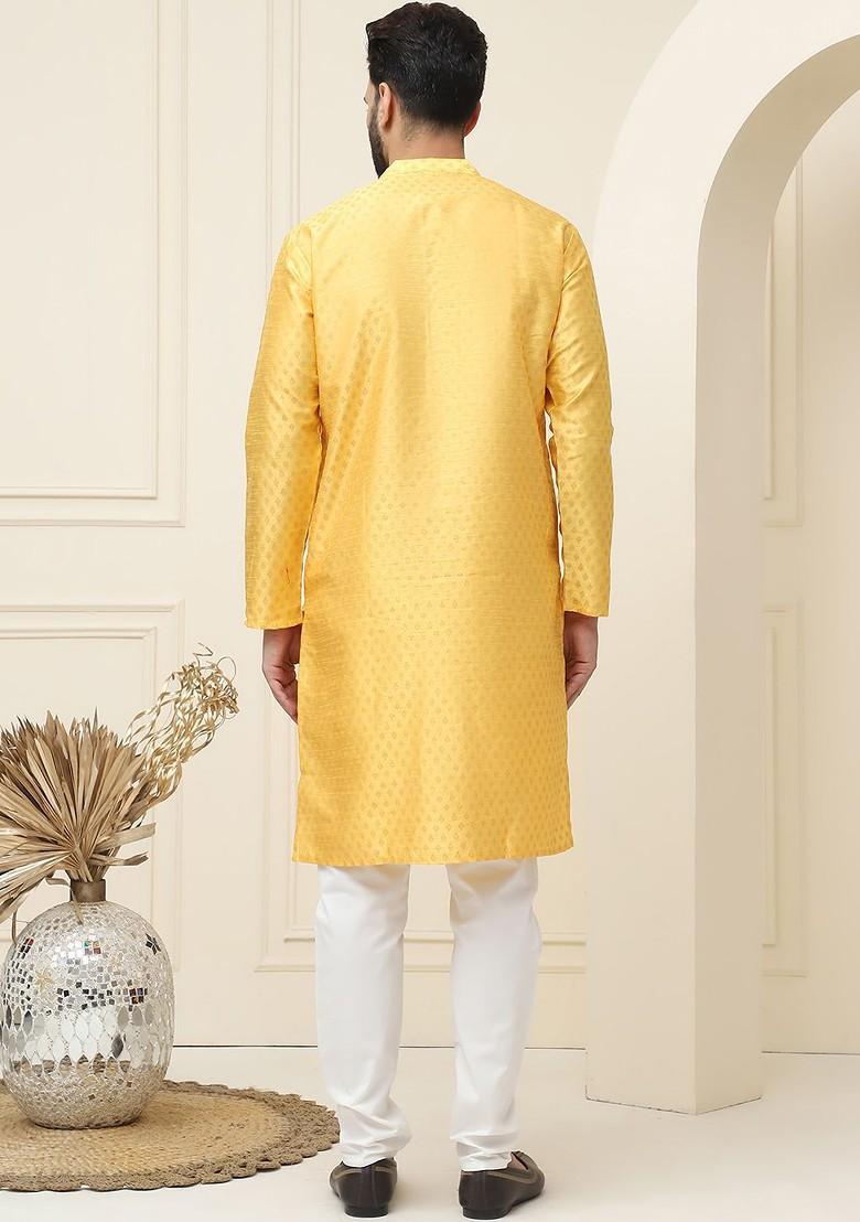 Yellow Ethnic Motifs Cotton Kurta Set For Men