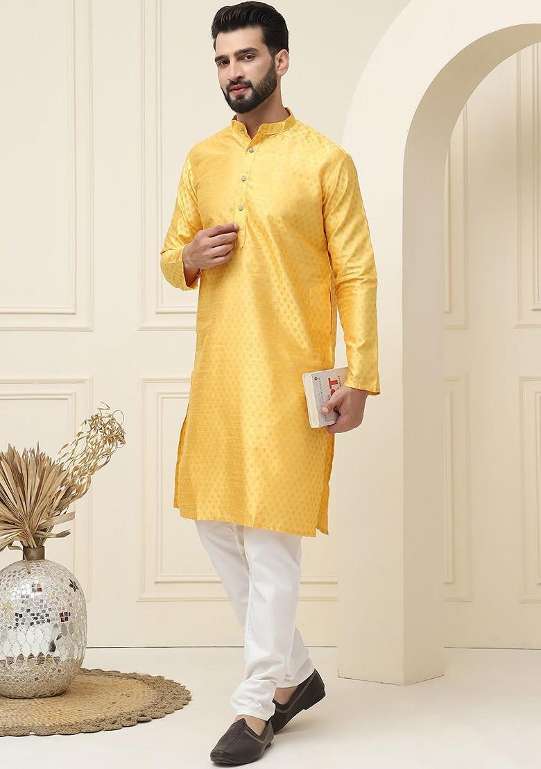 Yellow Ethnic Motifs Cotton Kurta Set For Men