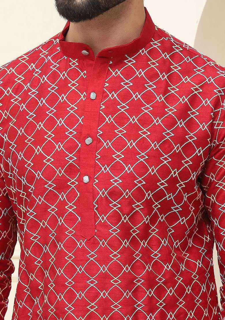Maroon Thread Work Cotton Kurta Set For Men - Indya