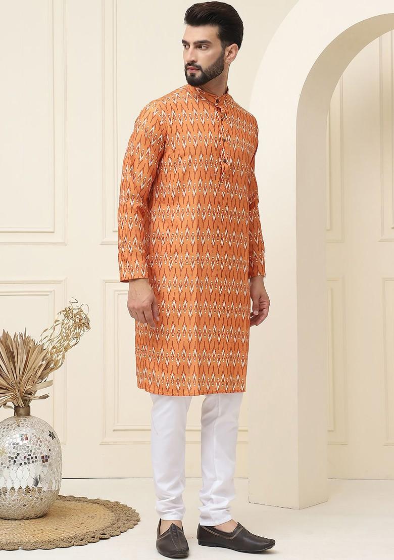 Mustard Ethnic Motifs Cotton Kurta Set For Men