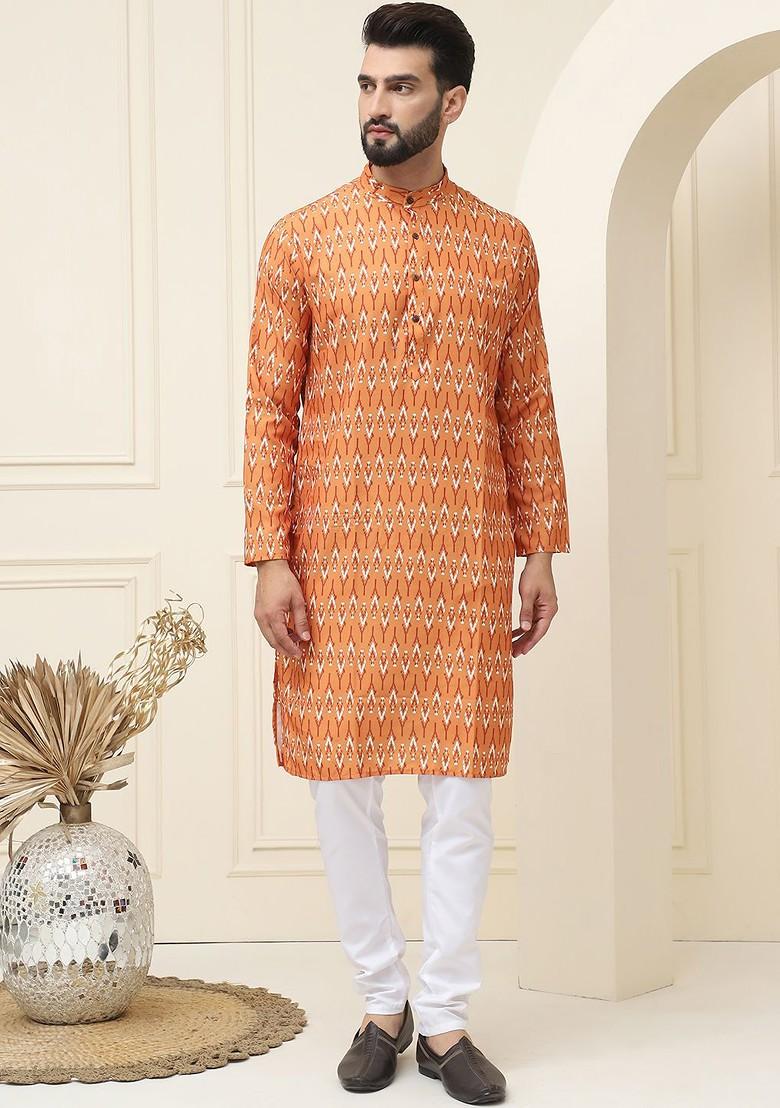 Mustard Ethnic Motifs Cotton Kurta Set For Men