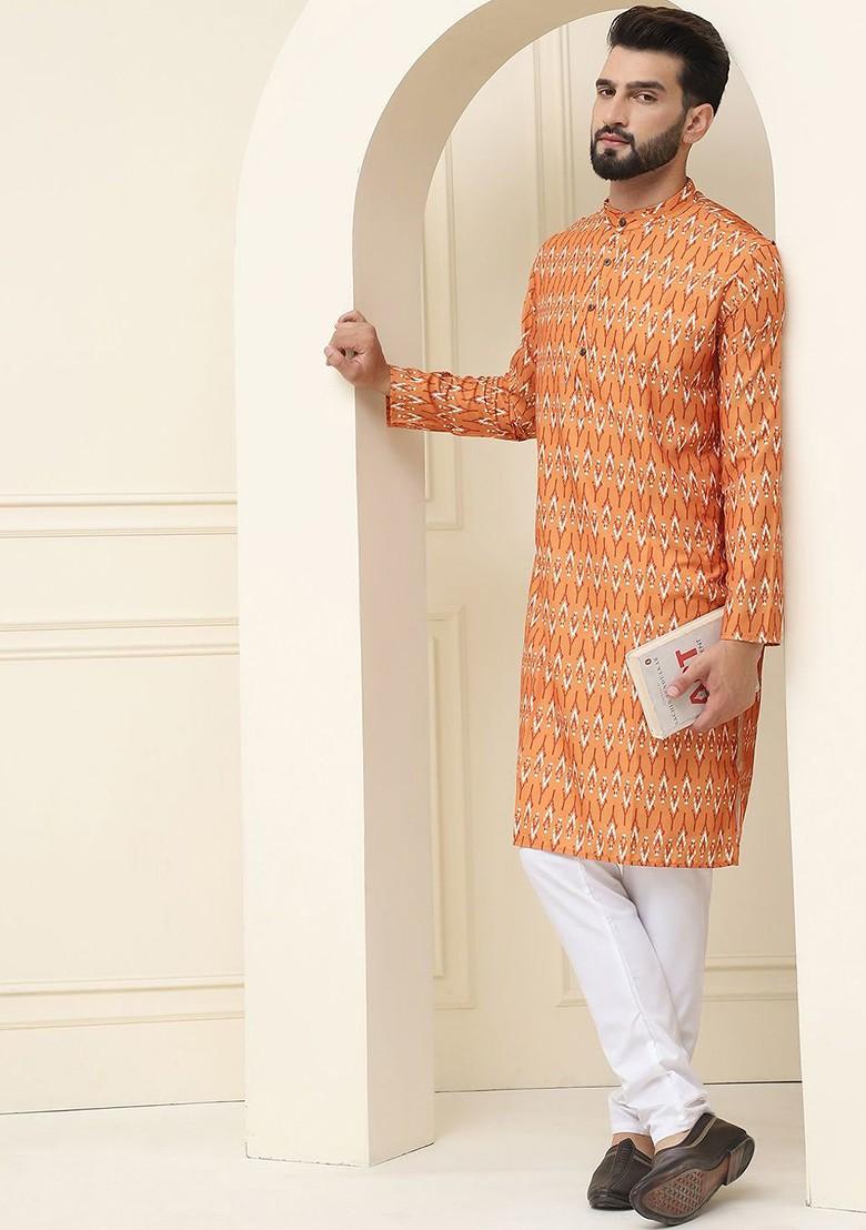 Mustard Ethnic Motifs Cotton Kurta Set For Men