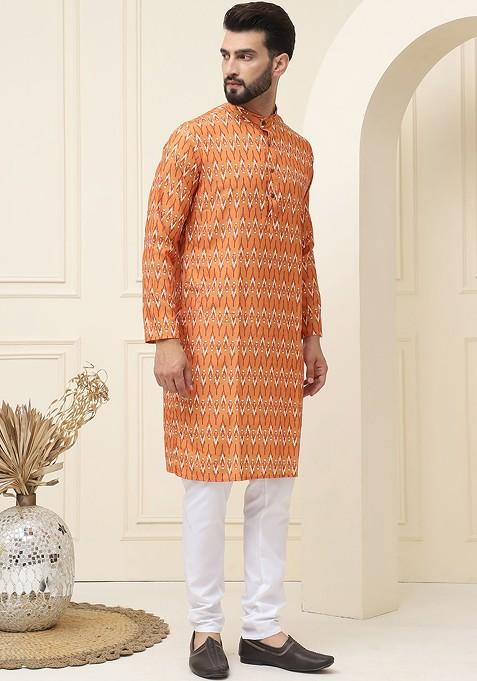 Mustard Ethnic Motifs Cotton Kurta Set For Men