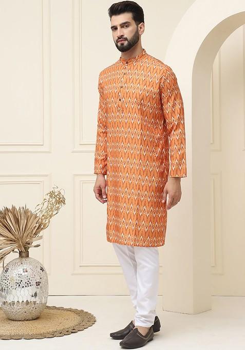 Mustard Ethnic Motifs Cotton Kurta Set For Men