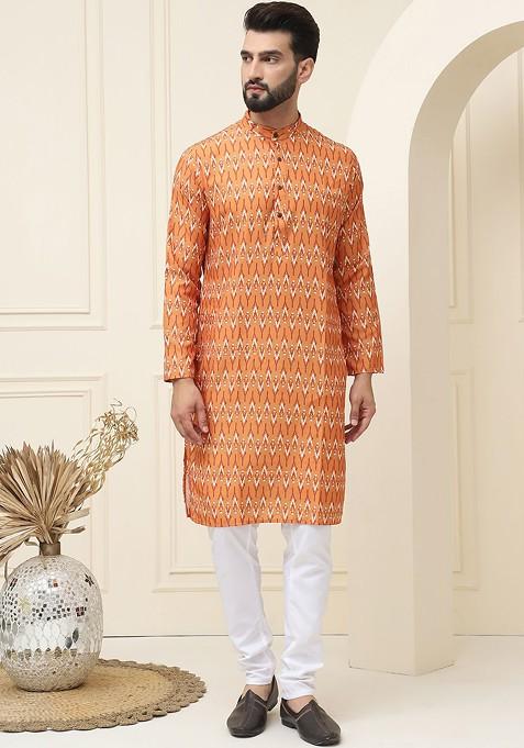 Mustard Ethnic Motifs Cotton Kurta Set For Men