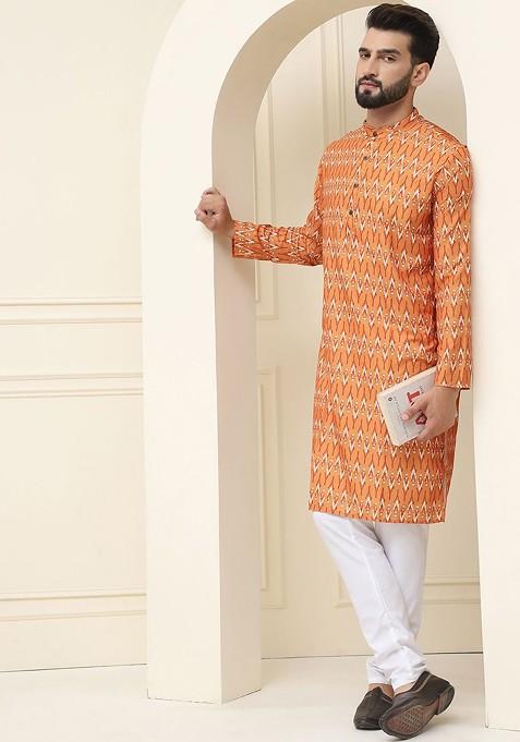Mustard Ethnic Motifs Cotton Kurta Set For Men
