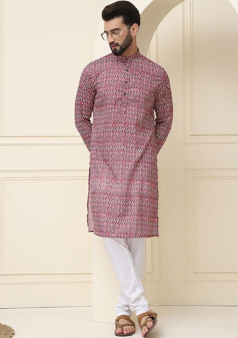 Brown Printed Cotton Kurta Set For Men