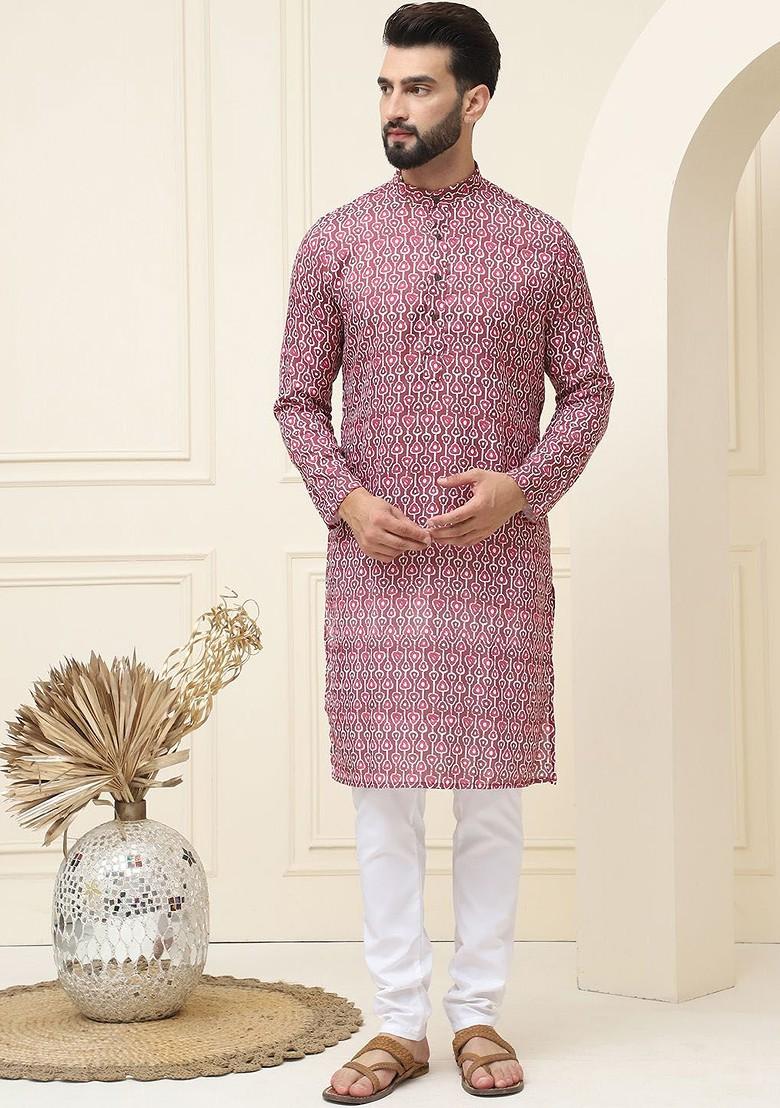 Brown Printed Cotton Kurta Set For Men