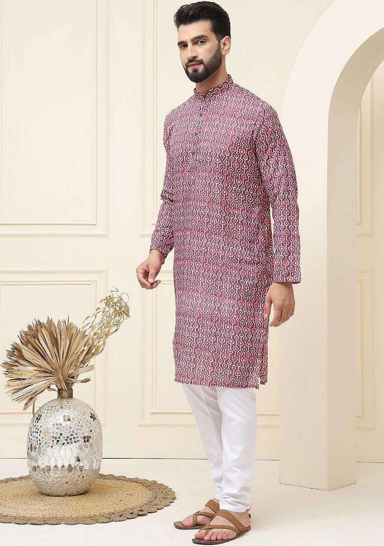 Brown Printed Cotton Kurta Set For Men