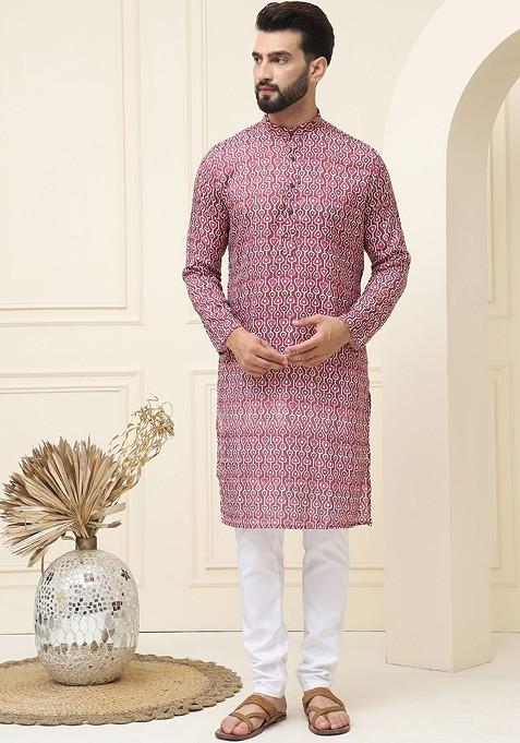 Brown Printed Cotton Kurta Set For Men