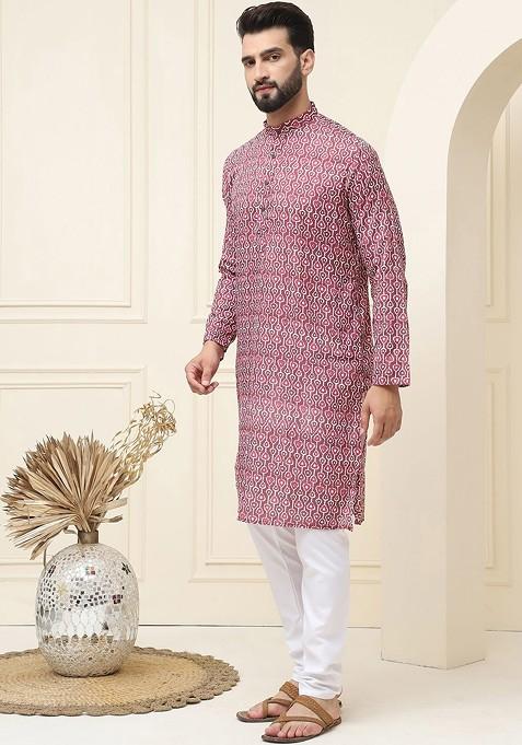 Brown Printed Cotton Kurta Set For Men
