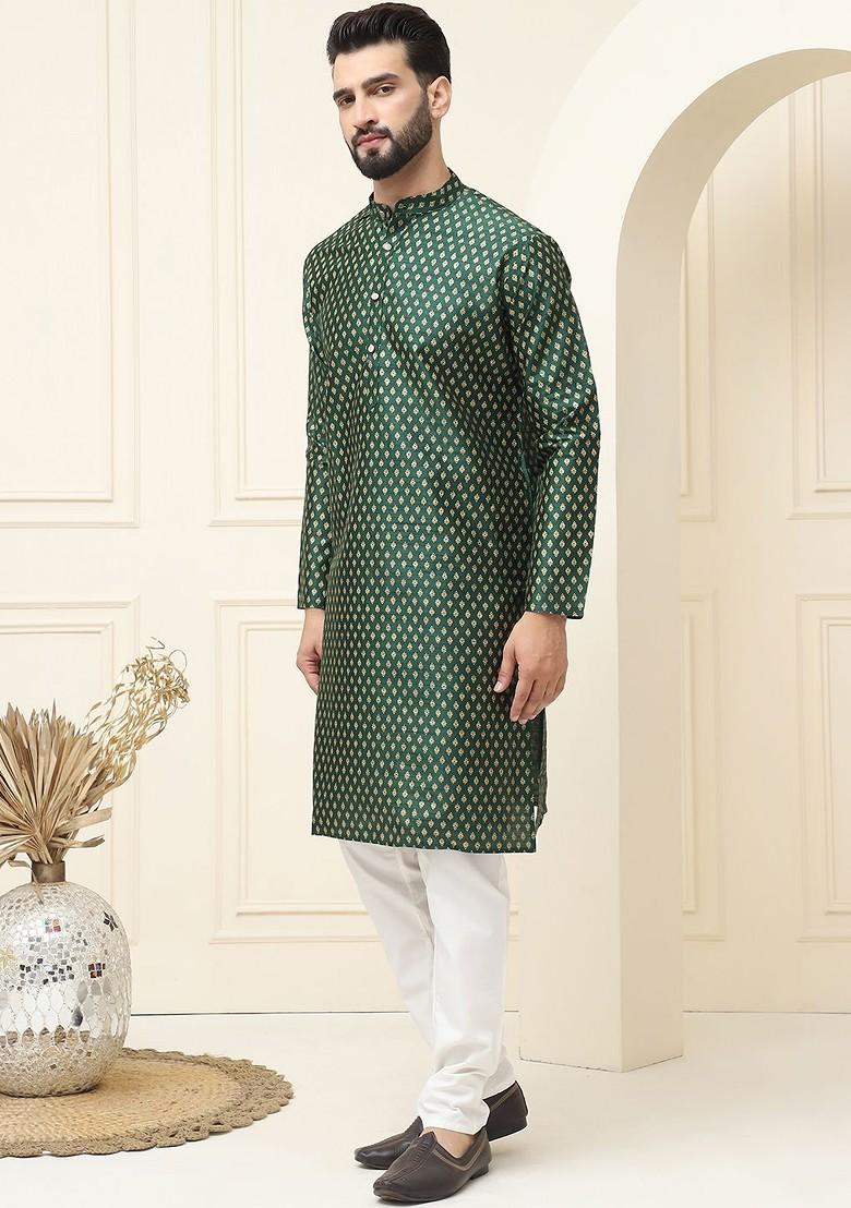 Green Ethnic Motifs Cotton Kurta Set For Men