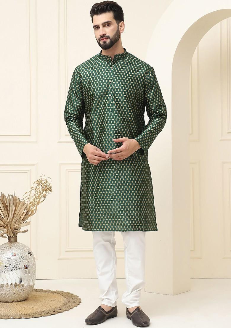 Green Ethnic Motifs Cotton Kurta Set For Men