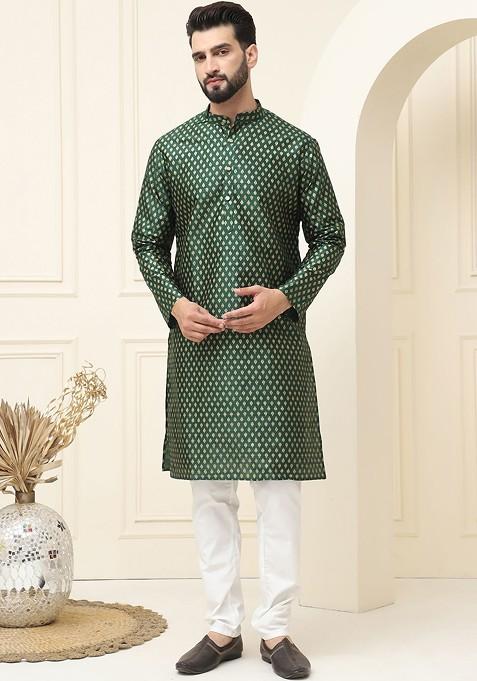 Green Ethnic Motifs Cotton Kurta Set For Men