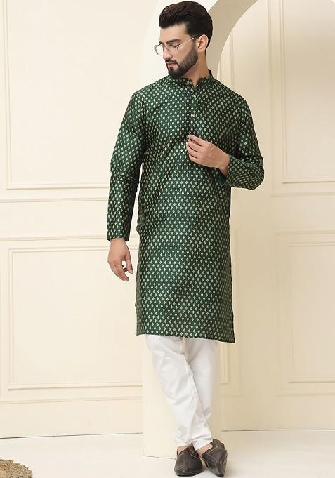 Green Ethnic Motifs Cotton Kurta Set For Men