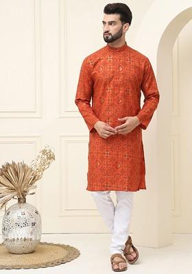 Orange Ethnic Motifs Cotton Kurta Set For Men