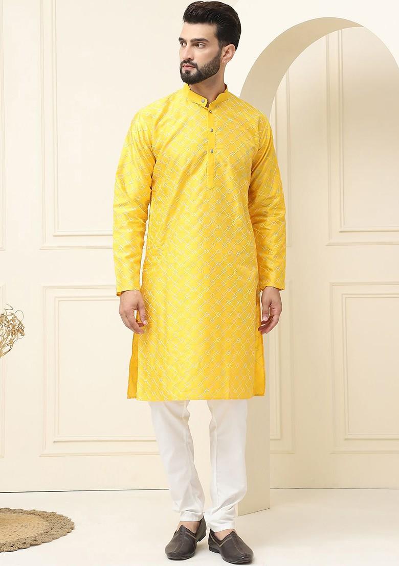Mustard Thread Work Cotton Kurta Set For Men