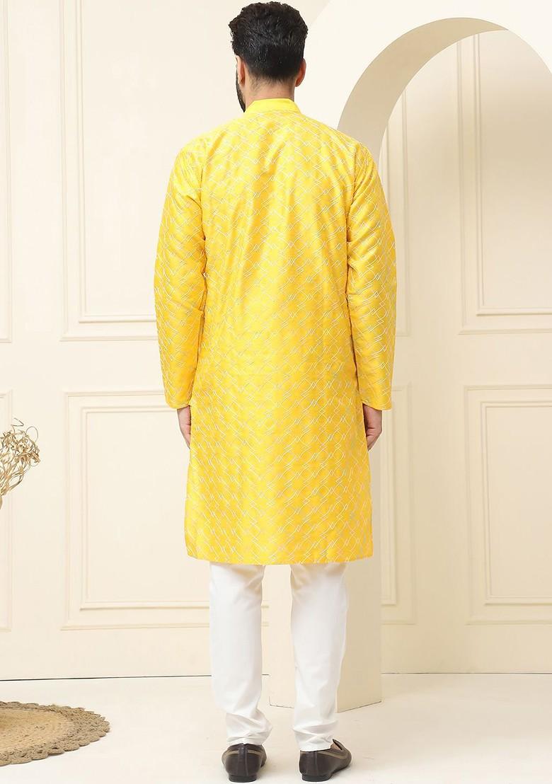 Mustard Thread Work Cotton Kurta Set For Men