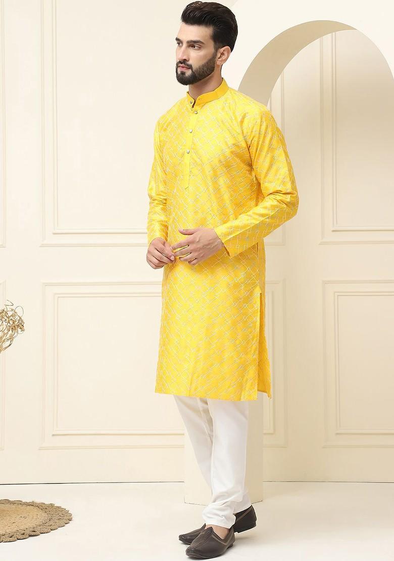 Mustard Thread Work Cotton Kurta Set For Men