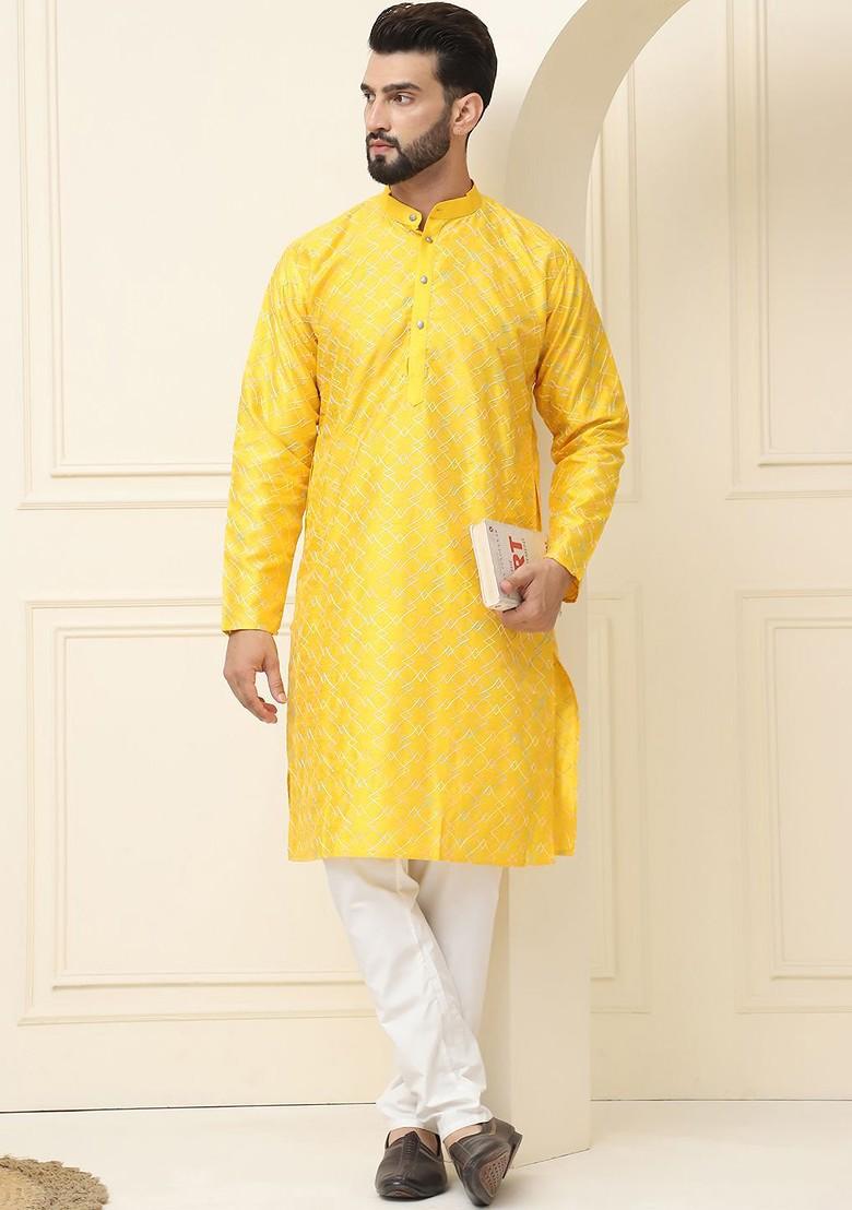 Mustard Thread Work Cotton Kurta Set For Men