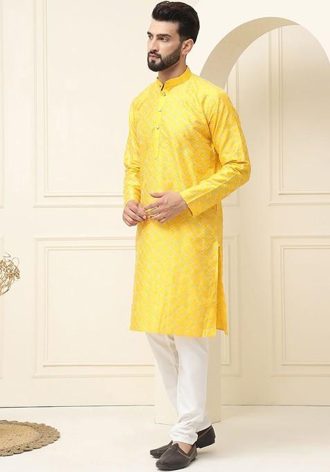 Mustard Thread Work Cotton Kurta Set For Men