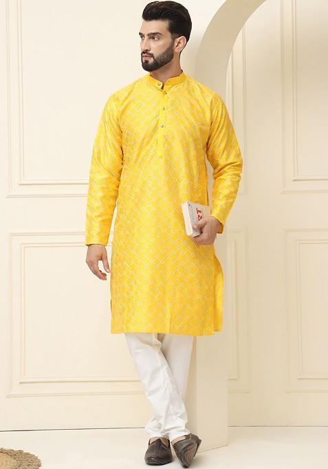 Mustard Thread Work Cotton Kurta Set For Men