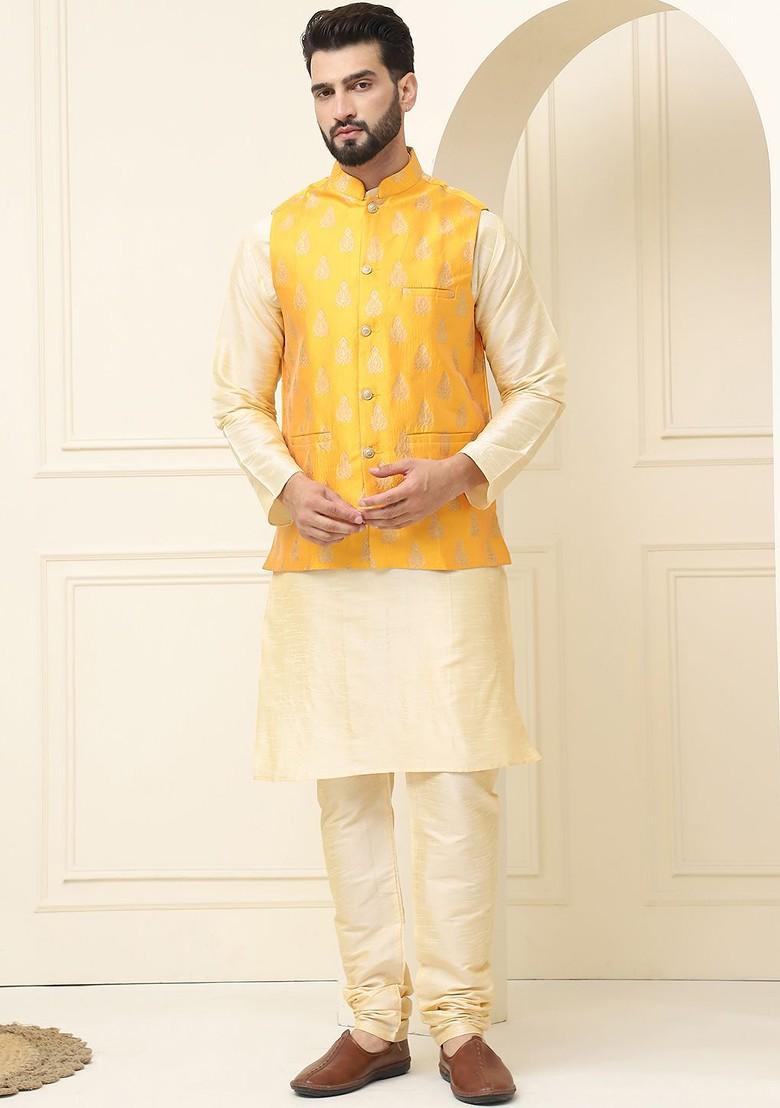 Gold Solid Cotton Kurta Set For Men