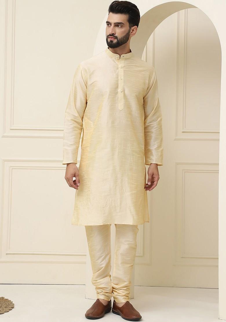 Gold Solid Cotton Kurta Set For Men