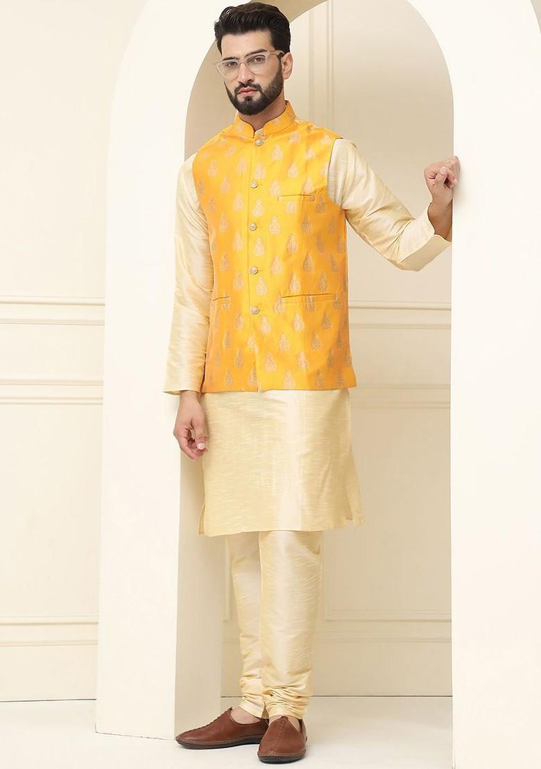 Gold Solid Cotton Kurta Set For Men