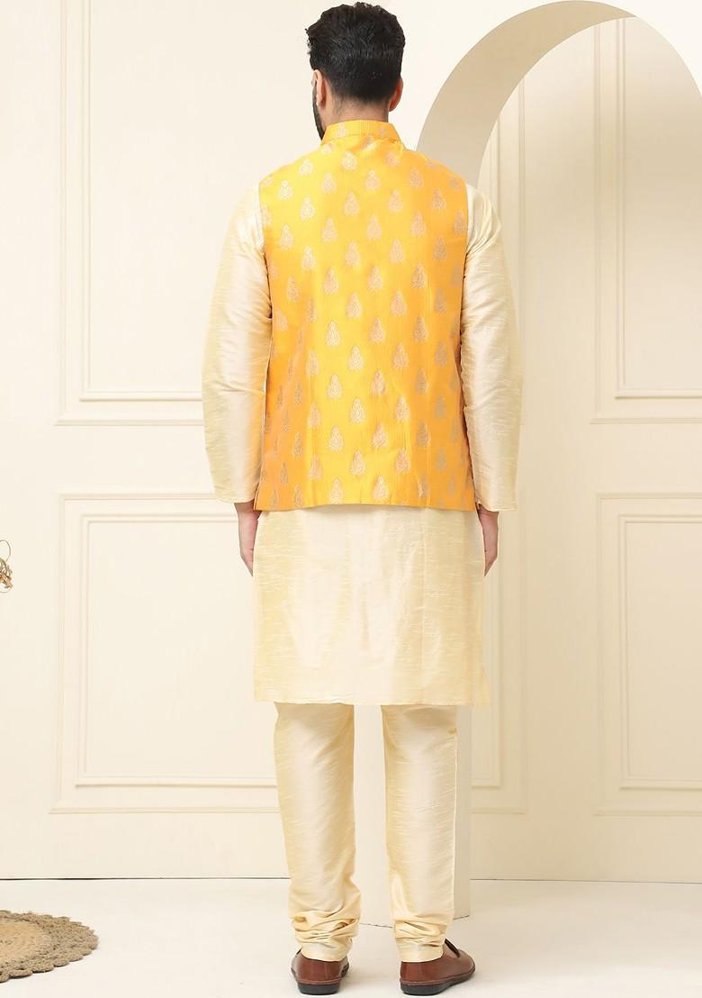 Gold Solid Cotton Kurta Set For Men