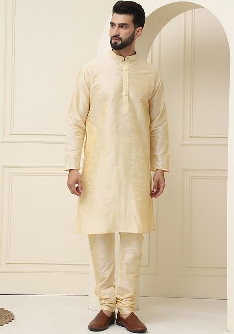Gold Solid Cotton Kurta Set For Men