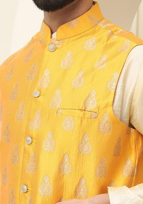 Gold Solid Cotton Kurta Set For Men