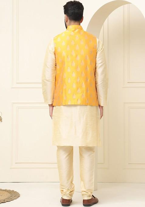 Gold Solid Cotton Kurta Set For Men
