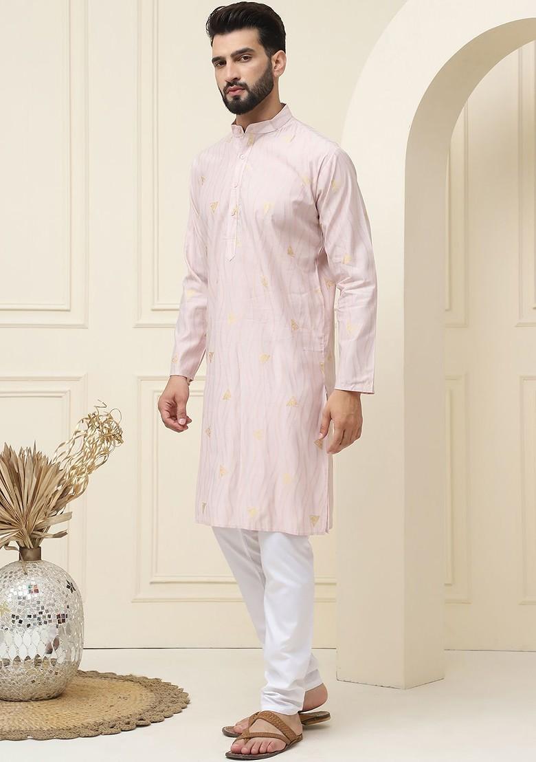 Peach Woven Cotton Kurta Set For Men