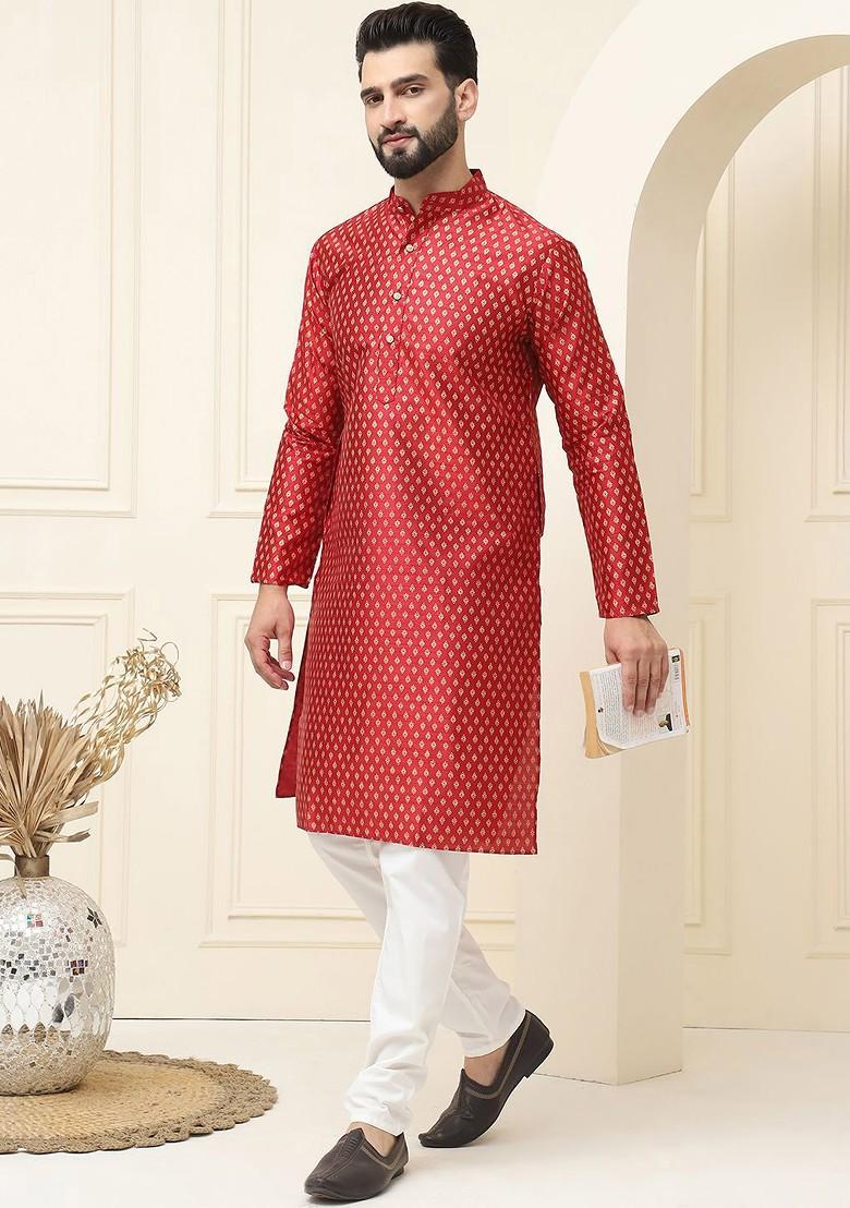 Maroon Ethnic Motifs Cotton Kurta Set For Men