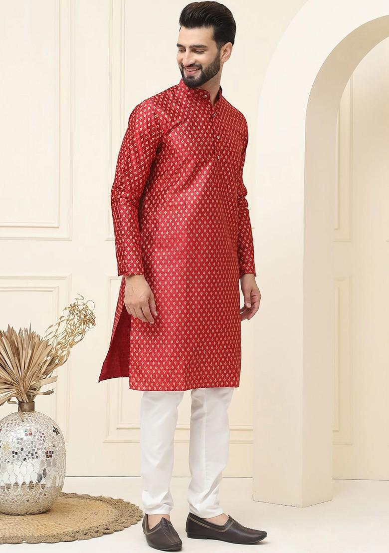 Maroon Ethnic Motifs Cotton Kurta Set For Men