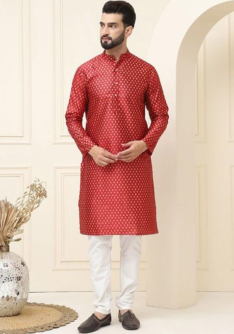 Maroon Ethnic Motifs Cotton Kurta Set For Men