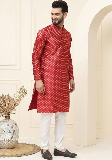 Maroon Ethnic Motifs Cotton Kurta Set For Men