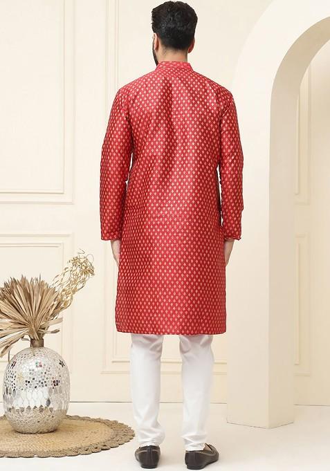 Maroon Ethnic Motifs Cotton Kurta Set For Men