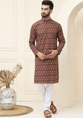 Brown Ethnic Motifs Cotton Kurta Set For Men