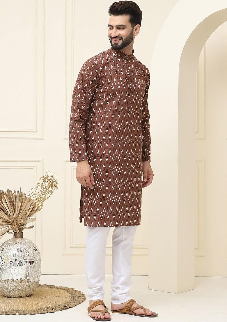 Brown Ethnic Motifs Cotton Kurta Set For Men