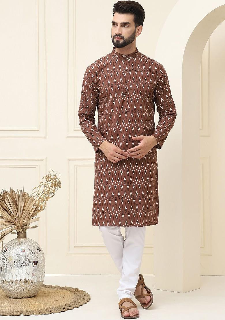 Brown Ethnic Motifs Cotton Kurta Set For Men