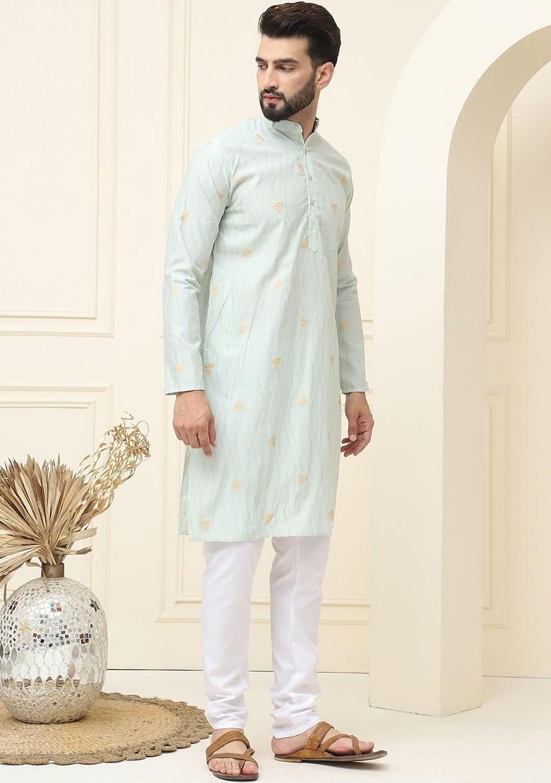 Green Woven Cotton Kurta Set For Men