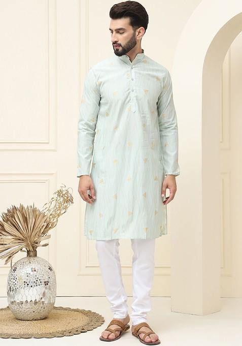 Green Woven Cotton Kurta Set For Men
