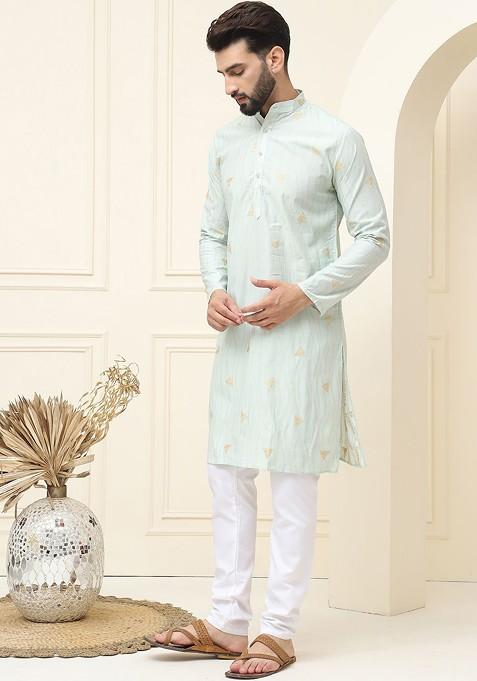 Green Woven Cotton Kurta Set For Men