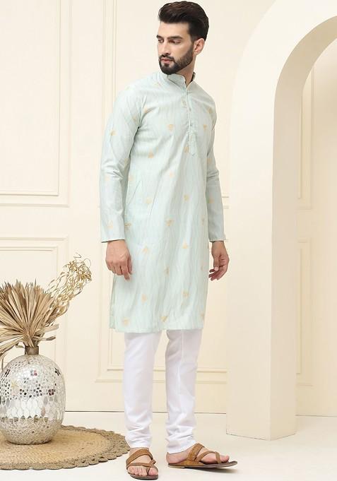 Green Woven Cotton Kurta Set For Men
