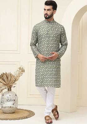 Olive Printed Cotton Kurta Set For Men