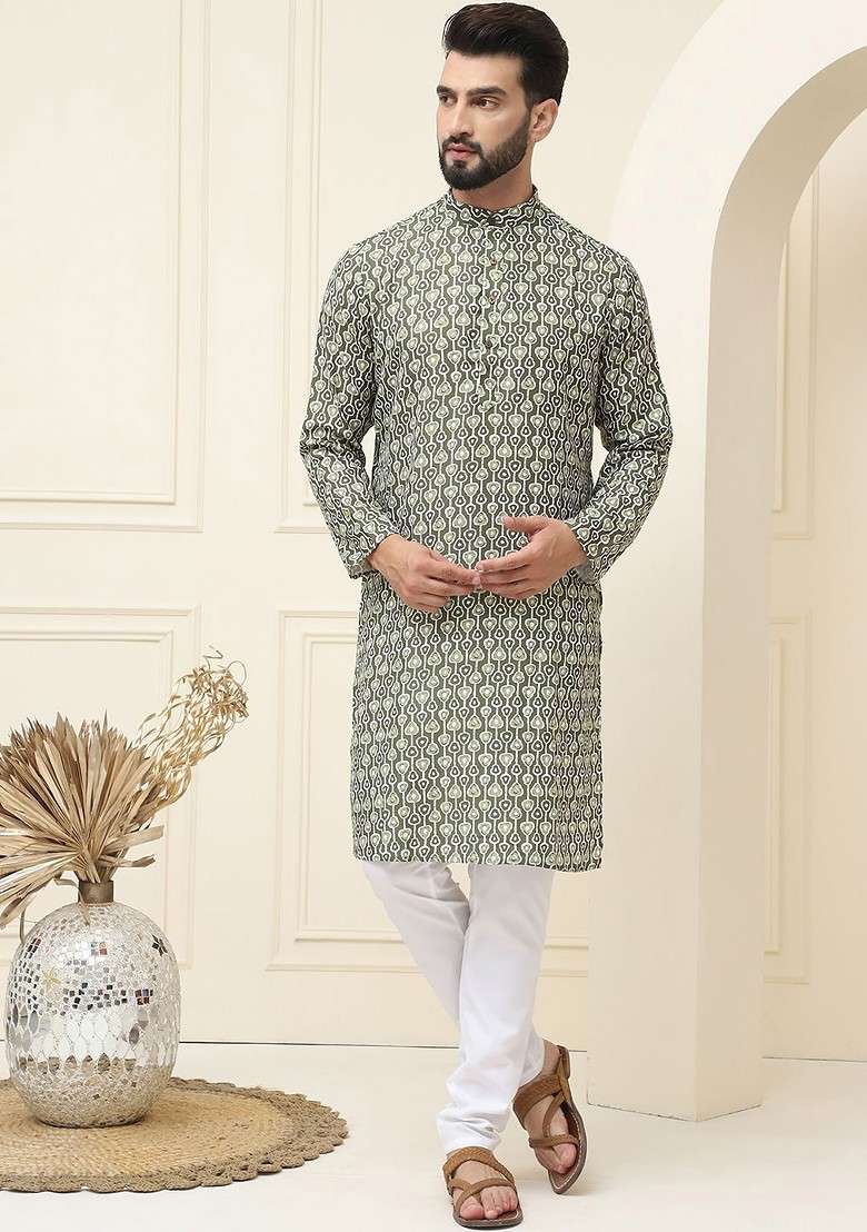Olive Printed Cotton Kurta Set For Men - Indya