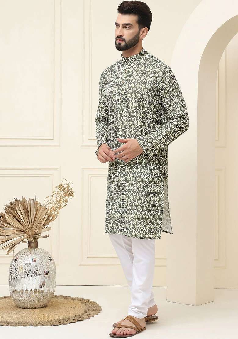 Olive Printed Cotton Kurta Set For Men - Indya