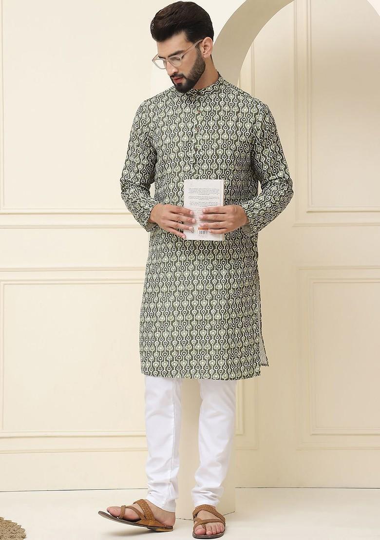 Olive Printed Cotton Kurta Set For Men